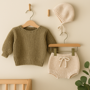 Neutral baby knit set with a khaki sweater, beige bloomers, and matching bonnet displayed on wooden hangers in a minimalist nursery setting.