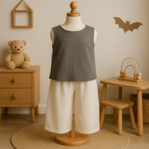 Baby-Mannequin in einem rauchgrauen Top mit gekreuzten Trägern und einer cremefarbenen Culotte-Hose mit weitem Bein aus Bio-Musselin, präsentiert in einem minimalistisch eingerichteten Kinderzimmer. Ein zweiteiliges Outfit für Kleinkinder mit einem rauchgrauen Top mit gekreuzten Trägern und einer cremefarbenen Hose mit weitem Bein, aufgehängt auf einem Holzbügel vor einem beigen Hintergrund.