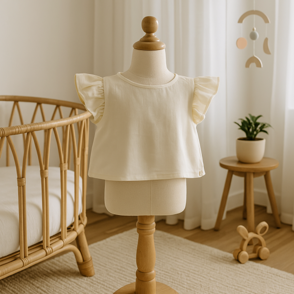 Minimalist organic cotton baby girl top with delicate ruffle sleeves and wooden back buttons, displayed in a soft boho nursery setting – perfect for spring and summer baby outfits.