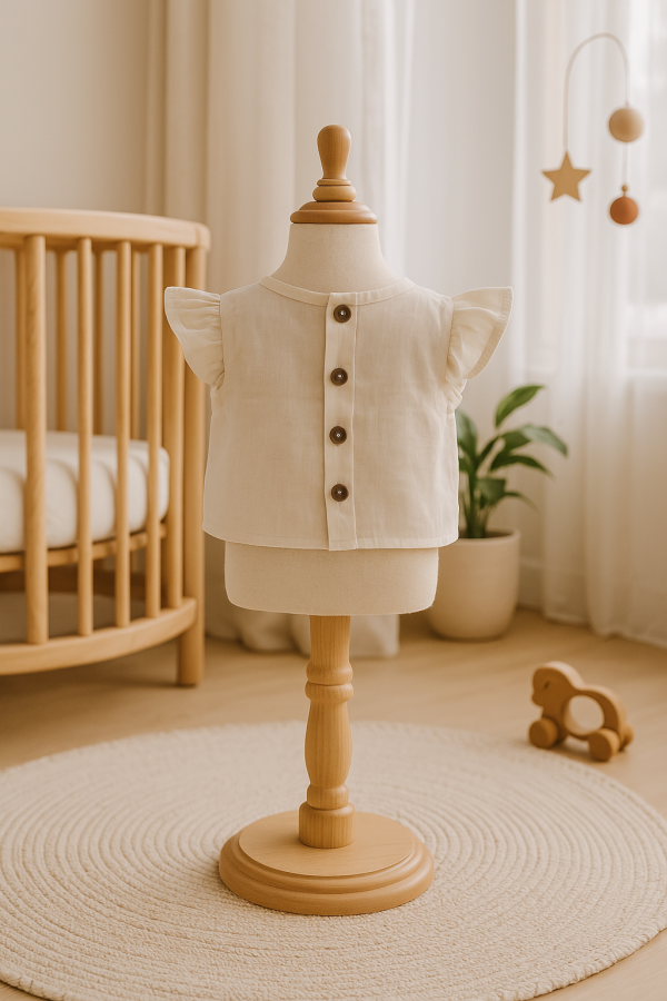Minimalist organic cotton baby girl top with delicate ruffle sleeves and wooden back buttons, displayed in back view a soft boho nursery setting – perfect for spring and summer baby outfits.