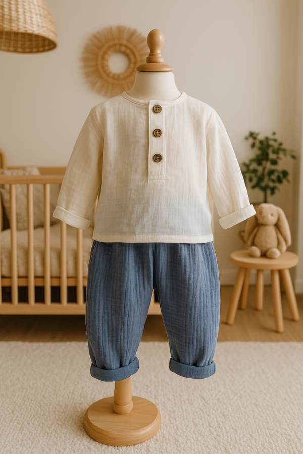Baby Fischerhose aus indigoblauem Musselin, bequeme Pluderhose für Kleinkinder, Sommerhose aus Bio-Musselin, bequeme Hose für den Alltag