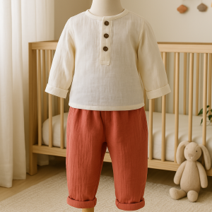 Babyjungen-Fischerhose aus beigem Bio-Musselin, bequemer und atmungsaktiver Stoff, bequeme Hose für Kleinkinder, beiger Pluderhose für Jungen