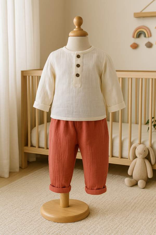 Babyjungen-Fischerhose aus beigem Bio-Musselin, bequemer und atmungsaktiver Stoff, bequeme Hose für Kleinkinder, beiger Pluderhose für Jungen