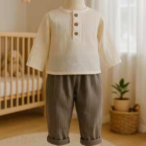Ein zweiteiliges Baby-Outfit aus Bio-Baumwoll-Musselin, bestehend aus einem cremefarbenen, langärmeligen Hemd mit Knöpfen und einer braunen Hose mit Rollsaum, präsentiert auf einer Holzpuppe in einem gemütlichen Kinderzimmer.