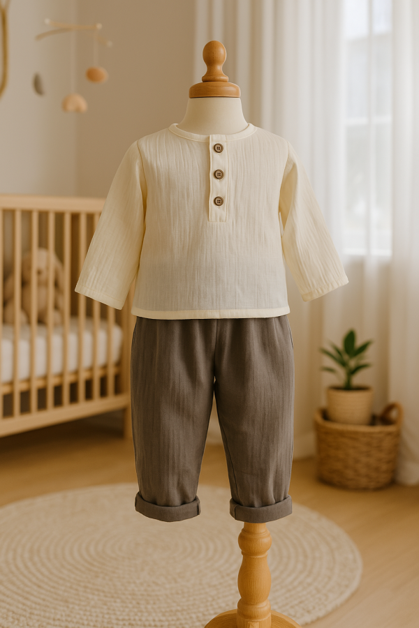 Ein zweiteiliges Baby-Outfit aus Bio-Baumwoll-Musselin, bestehend aus einem cremefarbenen, langärmeligen Hemd mit Knöpfen und einer braunen Hose mit Rollsaum, präsentiert auf einer Holzpuppe in einem gemütlichen Kinderzimmer.