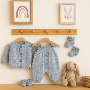Tiny and cute ice blue hand knit newborn set of button down cardigan, romper, and booties, made of organic cotton yarn. Perfect little newborn, baby shower, christening, baptism gift for moms and mommy to be