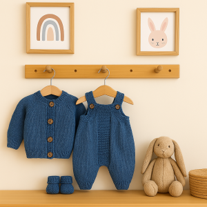 A cozy nursery scene featuring a hand-knit blue baby outfit set hanging on wooden pegs. The set includes a button-up cardigan, overalls with wooden buttons, and matching booties. Beside the clothes is a soft beige bunny plush toy and a woven basket. Two framed nautical-themed prints of a lighthouse and sailboat decorate the light wood-paneled wall above.