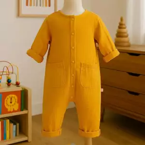 A cheerful daisy yellow organic muslin baby romper with long sleeves and front snaps, styled in a cozy nursery setting – perfect for summer playtime and ethical gifting.