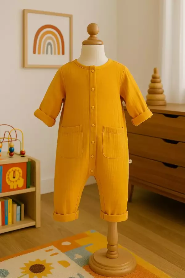 A cheerful daisy yellow organic muslin baby romper with long sleeves and front snaps, styled in a cozy nursery setting – perfect for summer playtime and ethical gifting.