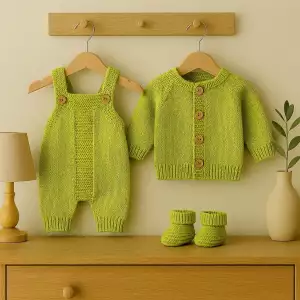 Eine ruhige Szene im Kinderzimmer mit einem limettengrünen, handgestrickten Baby-Strampler und einer Strickjacke, die auf Holzbügeln hängen, sowie passenden Babyschuhen, die auf einer Kommode aus Holz liegen. Zur Einrichtung gehören eine sanft beigefarbene Lampe und eine schlichte Vase mit Grünpflanzen.
