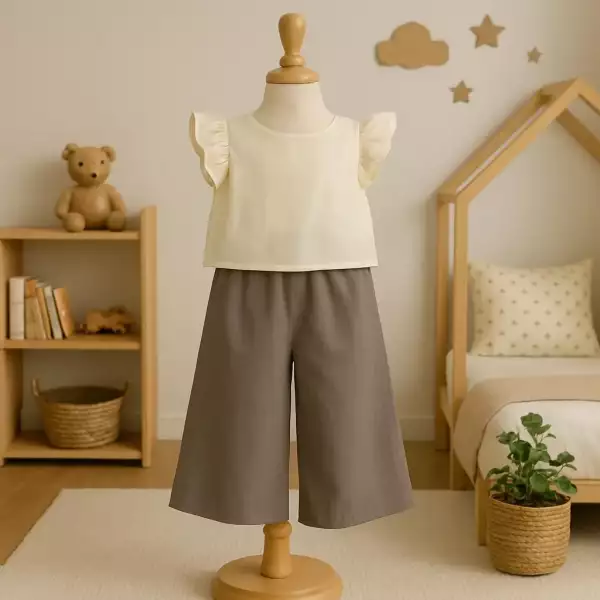 Vorderansicht eines zweiteiligen Outfits für ein Baby-Mädchen auf einer Schaufensterpuppe, bestehend aus einer cremefarbenen Musselinbluse mit Rüschenärmeln und einer rauchgrauen Culotte mit weitem Bein, präsentiert in einer gemütlichen, natürlichen Kinderzimmerumgebung.