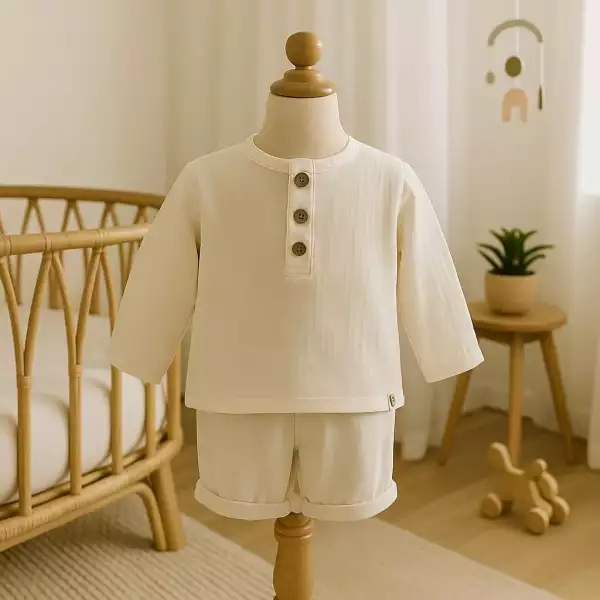 A neutral-toned boho baby boy shirt made from organic muslin fabric, featuring long sleeves and natural wooden buttons, displayed in a minimal nursery setting – perfect for summer wear or vacation outfits.