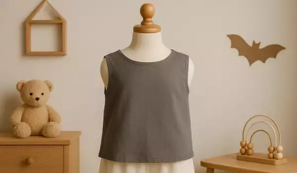 A smoky gray organic muslin baby top with a stylish cross-back design, perfect for warm weather, displayed on a mannequin in a cozy nursery with natural light.