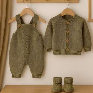 A cozy nursery display of an olive green baby knit set, featuring a romper and cardigan hanging on wooden hangers and matching booties placed on a wooden dresser, against a soft cream wall.