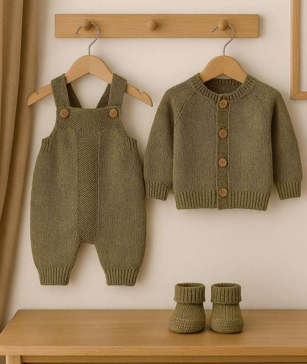 A cozy nursery display of an olive green baby knit set, featuring a romper and cardigan hanging on wooden hangers and matching booties placed on a wooden dresser, against a soft cream wall.