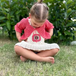 Crochet boho sunflower dress with coral hand knit cute bolero shrug, boho flower girl dress, completely hand crocheted beautiful and elegant boho dress for special occasions, ceremonies, receptions, parties, and everyday wear