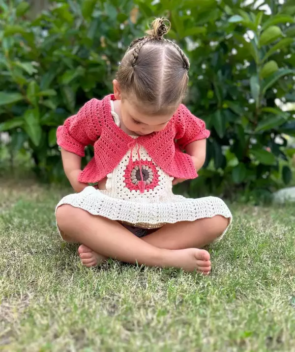 Crochet boho sunflower dress with coral hand knit cute bolero shrug, boho flower girl dress, completely hand crocheted beautiful and elegant boho dress for special occasions, ceremonies, receptions, parties, and everyday wear
