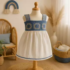 Handmade baby dress with a blue and gray crochet bodice and white muslin skirt, displayed on a mannequin in a warm, boho-style nursery.