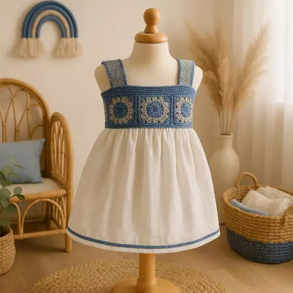 Handmade baby dress with a blue and gray crochet bodice and white muslin skirt, displayed on a mannequin in a warm, boho-style nursery.