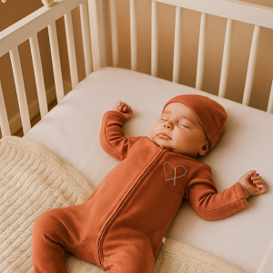 Newborn baby sleeping peacefully in his crib in a cozy nursery setting, wearing brick color sleepsuit and bonnet