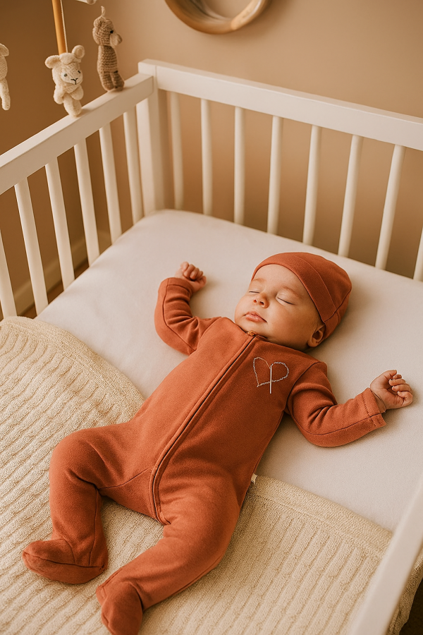 Newborn baby sleeping peacefully in his crib in a cozy nursery setting, wearing brick color sleepsuit and bonnet